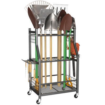 Garden Tool Organizer With Wheels For Garage, Rakes/Shovels/Yard Tools Storage Stand, Indoor/Outdoor Long-Handled Tools Rolling Cart