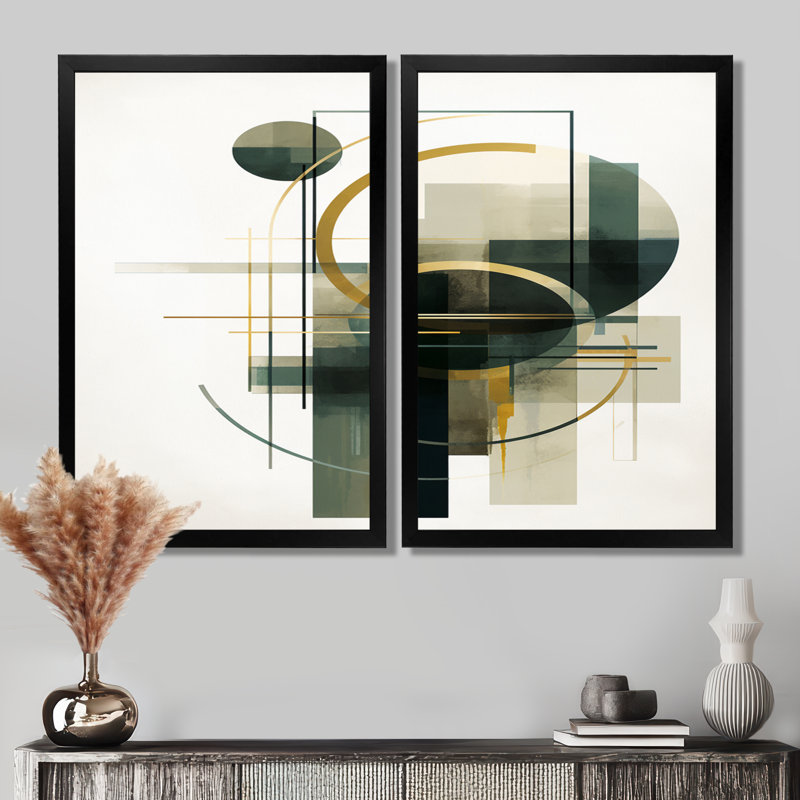 «Emerald Gold Retro Geometrics - Minimalisme, art sur toile, art abstrait vert 2 panneaux, H 36 po x l 48 po, Noir