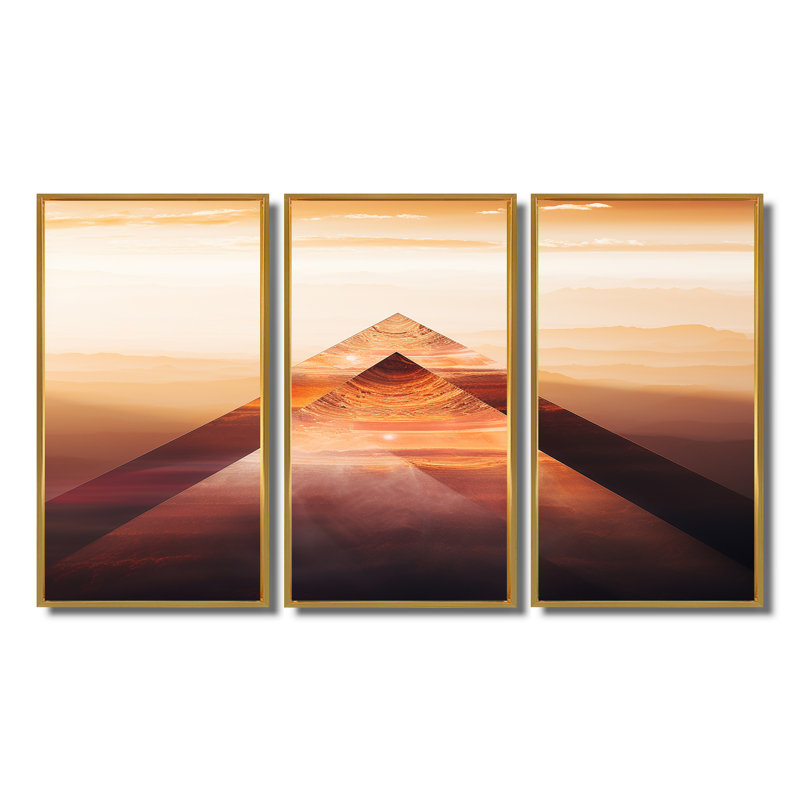 Triangulaire désert montagnes coucher de soleil - ensemble de décoration murale paysage abstrait, Cadre flottant doré