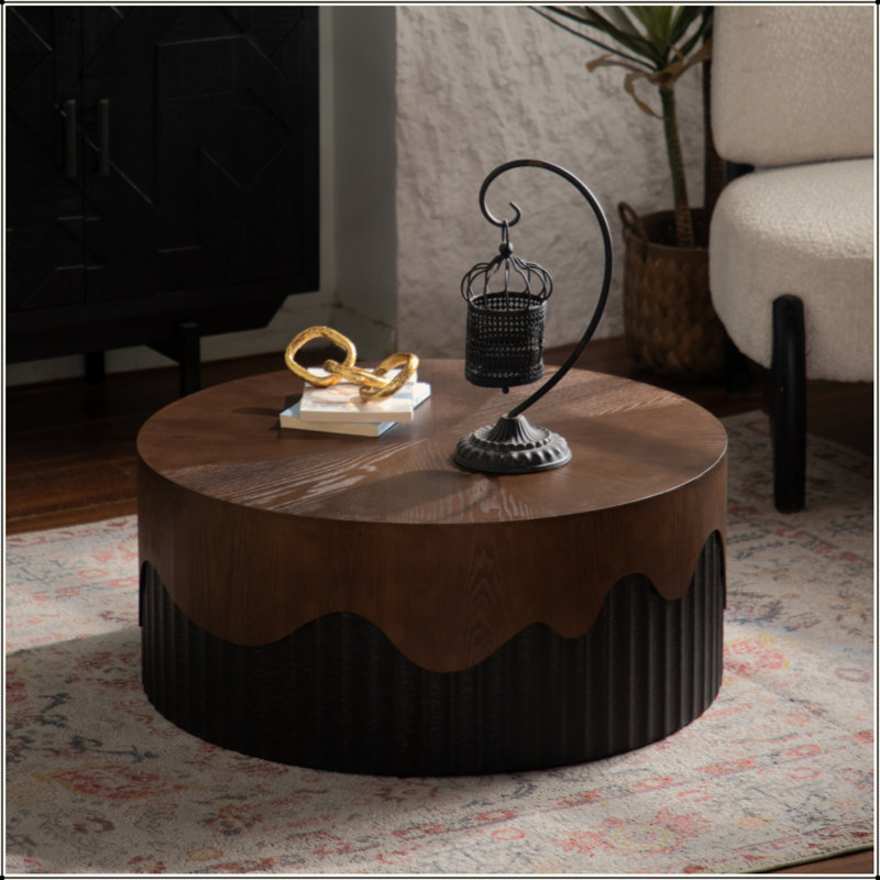Table basse ronde en bois fabriquée à la main en relief à piédestal robuste pour le salon, sans assemblage