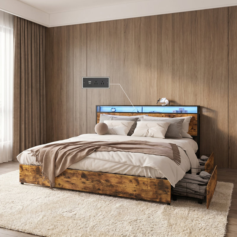 King Size Bed Frame with Storage Drawers & Charging Station