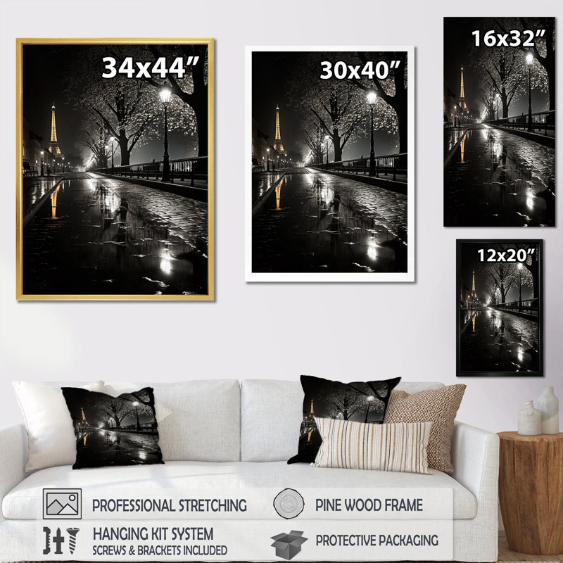 Parisian Moonlit Night I - Paris, reproduction d'art encadrée, H 40 po x l 30 po x P 1,5 po, Cadre flottant brun