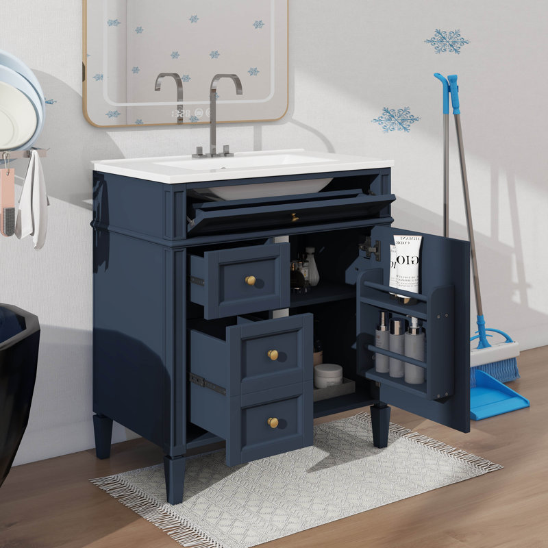 Meuble-lavabo contemporain de 30 po avec 2 tiroirs et 1 tiroir basculant, Bleu, Argent argent
