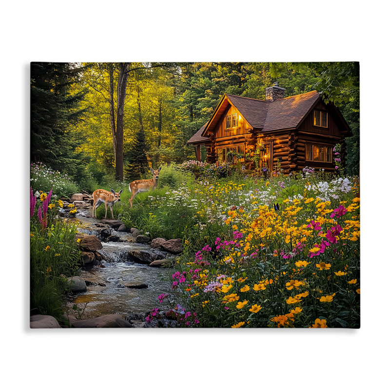 Whitetail visite à la toile de la cabane, conception par Jim Baldwin, H 24 po x l 30 po