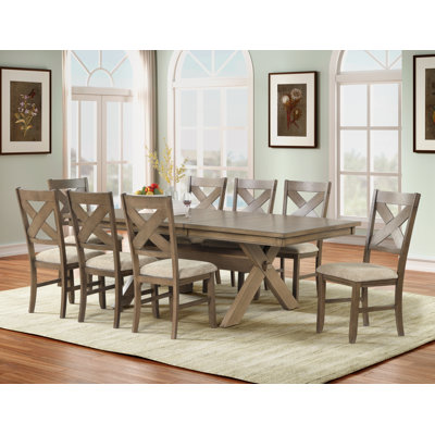Veliz Raven Wood 9-Piece Dining Set, Extendable Trestle Dining Table With 8 Chairs, Glazed Pine Brown