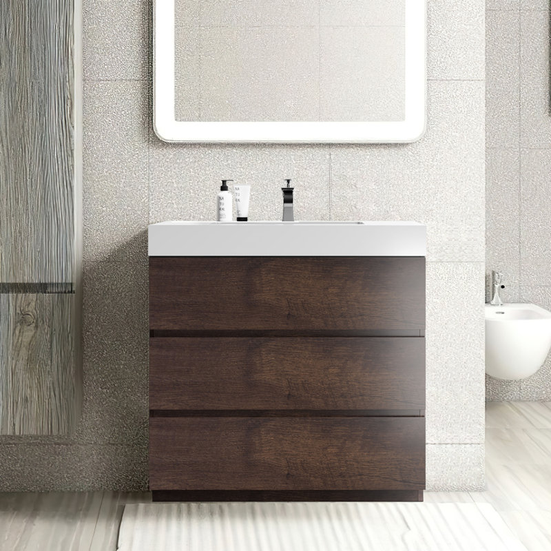 Meuble-lavabo sur pied simple 35,8 po avec plateau en résine Mcauthor, Noyer