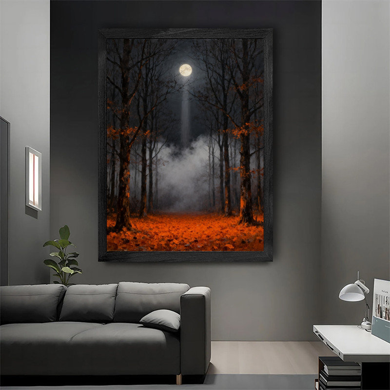 Art mural encadré noir, forêt de clair de lune, impression de cadre fantaisiste foncé rétro, H 11 po x l 9 po