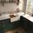 Whitehaus front apron single bowl fireclay kitchen sinks with walnut wood cutting board and stainless steel grid-123423876
