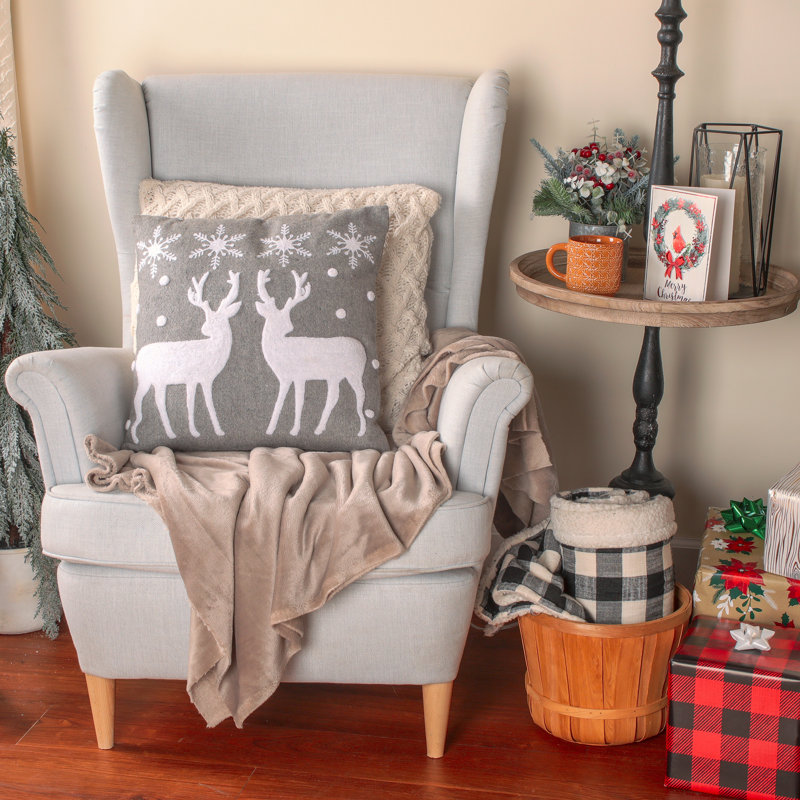 18" Gray and White Embroidered Reindeer and Snowflakes Throw Pillow
