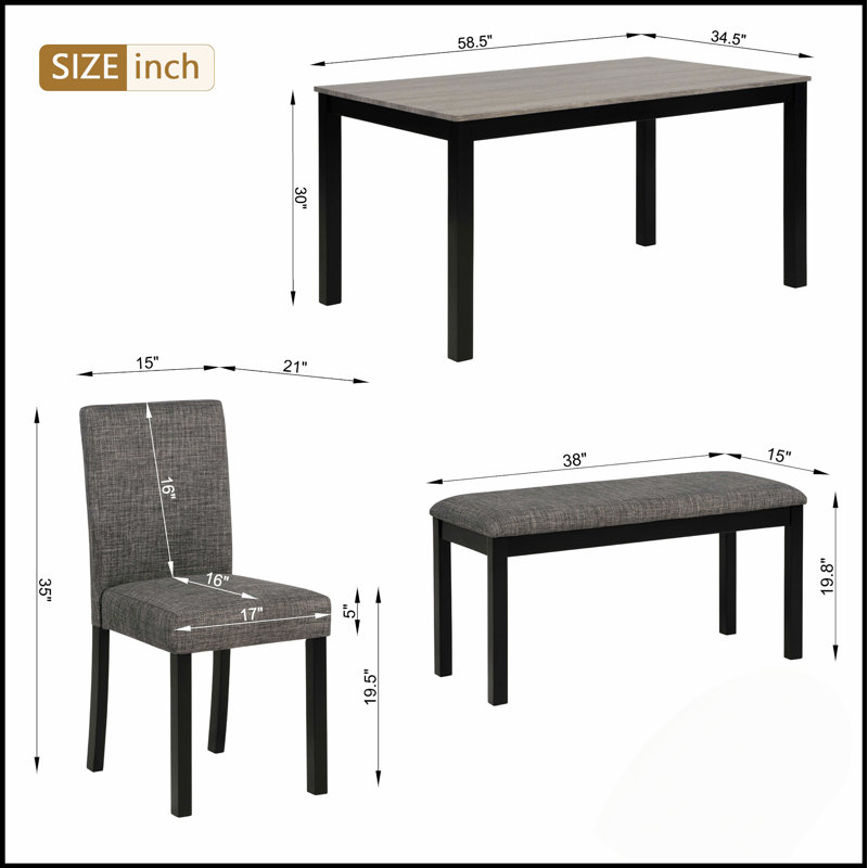 Ensemble de table de salle à manger 6 pièces avec banc et chaises, conception moderne à deux tons pour les réunions de famille et l'utilisation quotidienne