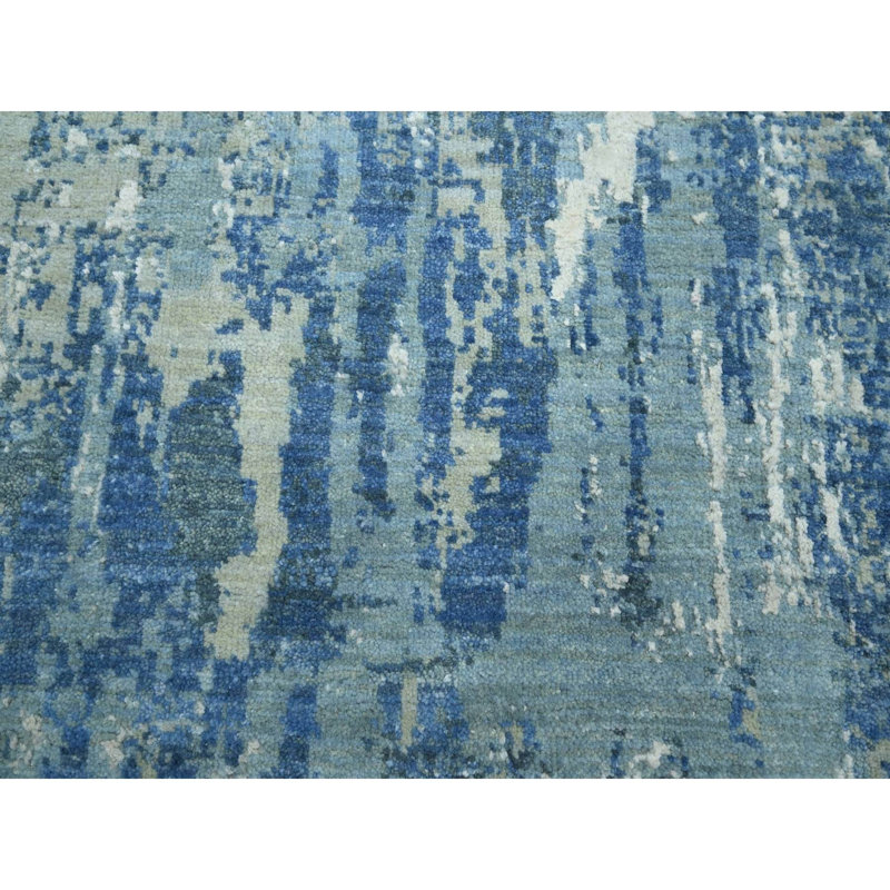 Tapis oriental bleu, en laine et en soie véritable noué à la main de conception abstraite 10 pi 1 po x 14 pi 2 po