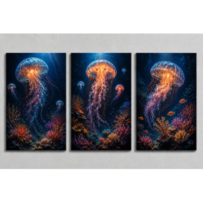 Grand ensemble de 3 grandes méduses, art mural, récif corallien océan, décor nautique côtier pour chambre à coucher, salon, salle de bain, impression sur toile 16 x 24 pouces - prête à être accrochée