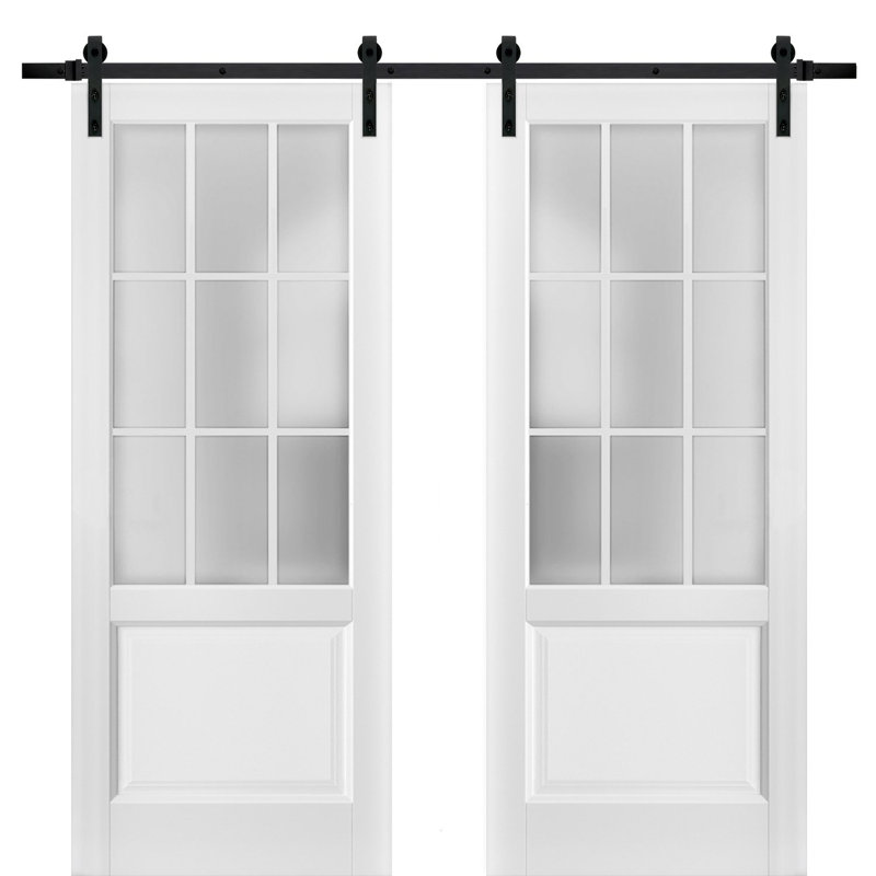 Porte de grange double robuste avec vitrage dépoli 9 carreaux Felicia 3309 Blanc mat, supports de rail de 4 m (13 pi), portes intérieures à panneaux pleins et robustes - 142 cm x 203 cm (56 po x 80 po) (2 x 71 cm x 80 po) - Vitrage dépoli - Rail noir