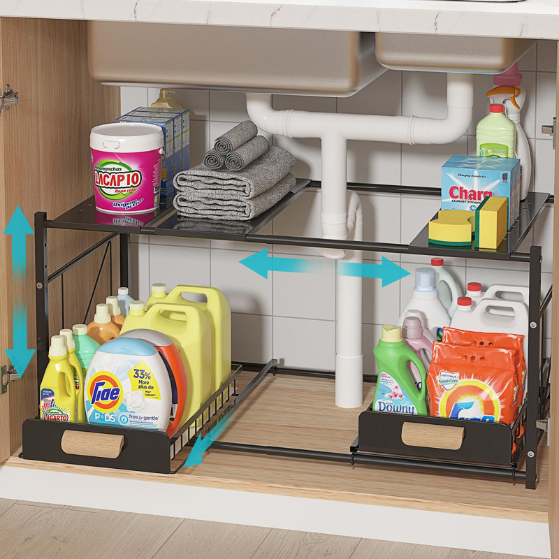 Extendable Under Sink Organizer, 2 Tier Expandable Under Cabinet Organizer Shelf With Height Adjustable, Retractable Under Sink Organizer And Storage, Black