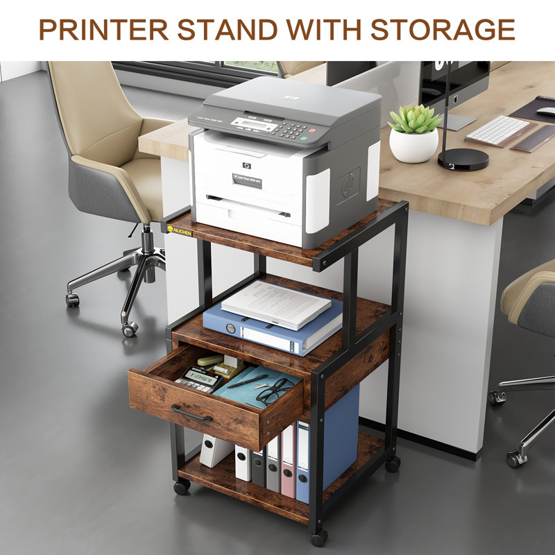 3 Tier Printer Stand with Storage Drawer Rolling Printer Table with Wheels Home Office,Retro, Brown