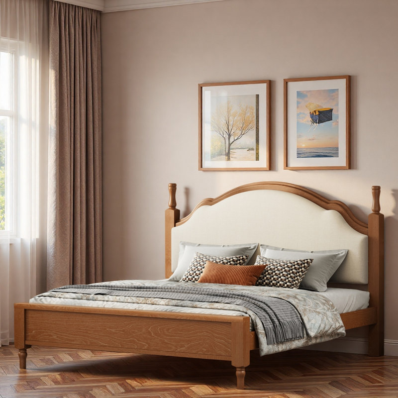 Lit plateforme en bois avec tête de lit tapissier et pieds robustes, Très grand lit, Brun / beige