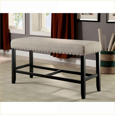 Rustic Beige Linen-like Upholstered Counter Height Dining Bench, Distressed Antique Black Solid Wood Nailhead Trim, Complements Dining Chairs for Dining Room
