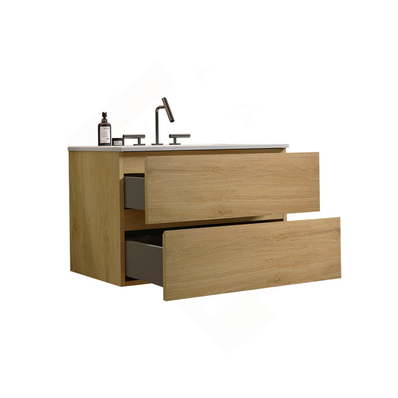 Meuble-lavabo mural en chêne naturel de 30 po avec lavabo en céramique avec trois trous de robinet, grand meuble-lavabo flottant de rangement pour salle de bain moderne, pré-assemblé
