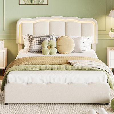 Upholstered Platform Bed Frame with LED Lights, Adjustable Headboard, No Box Spring Needed, Easy Assembly