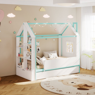 Twin Size House Bed Frame with Trundle, Storage Shelves, Cool White LED Lights, Blue