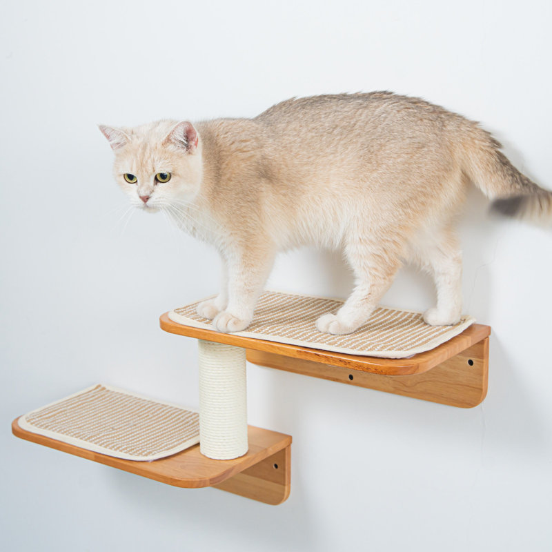Solid Wood Double-Level Wall Mounted Cat Perch with Sisal Post