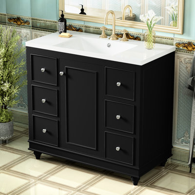 Meuble-lavabo moderne de 36 po x 18 po x 34 po, 4 tiroirs et 1 porte, lavabo en résine, tablettes réglables, structure en bois massif avec mobilier intégré et intégré