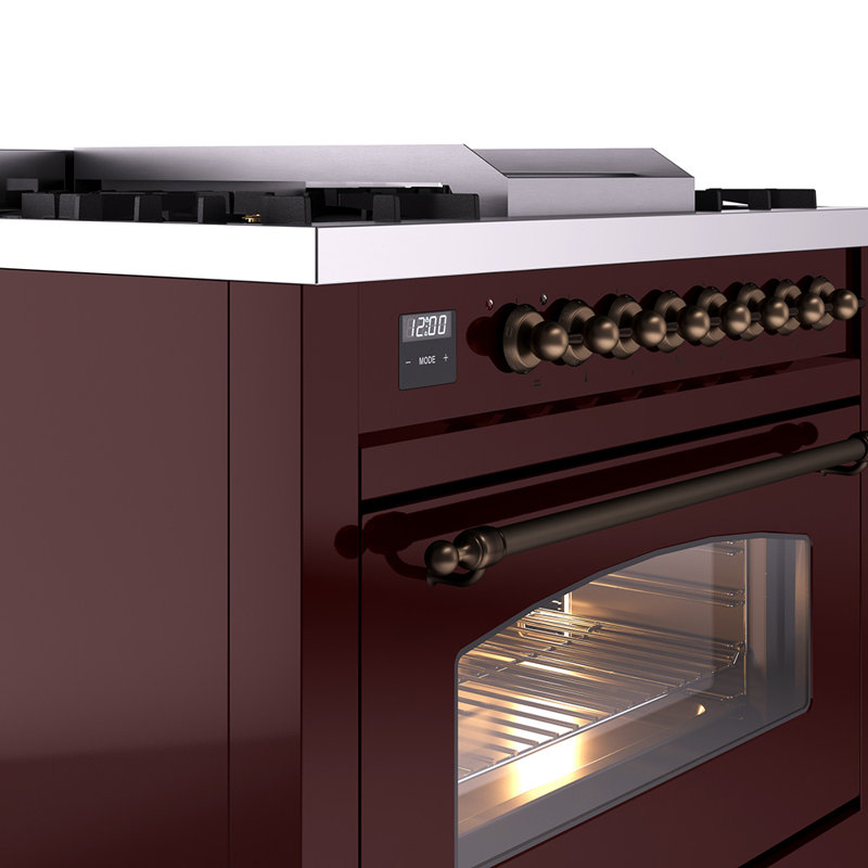 ILVE Nostalgie II 36 Dual Fuel Range, knobs, Burgundy/Bronze, Natural Gas