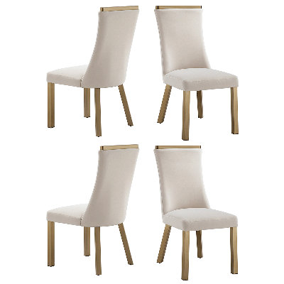 Chaises de salle à manger en velours blanc imperméable, pieds en acier inoxydable couleur champagne et garniture supérieure en métal décoratif, ensemble de 4