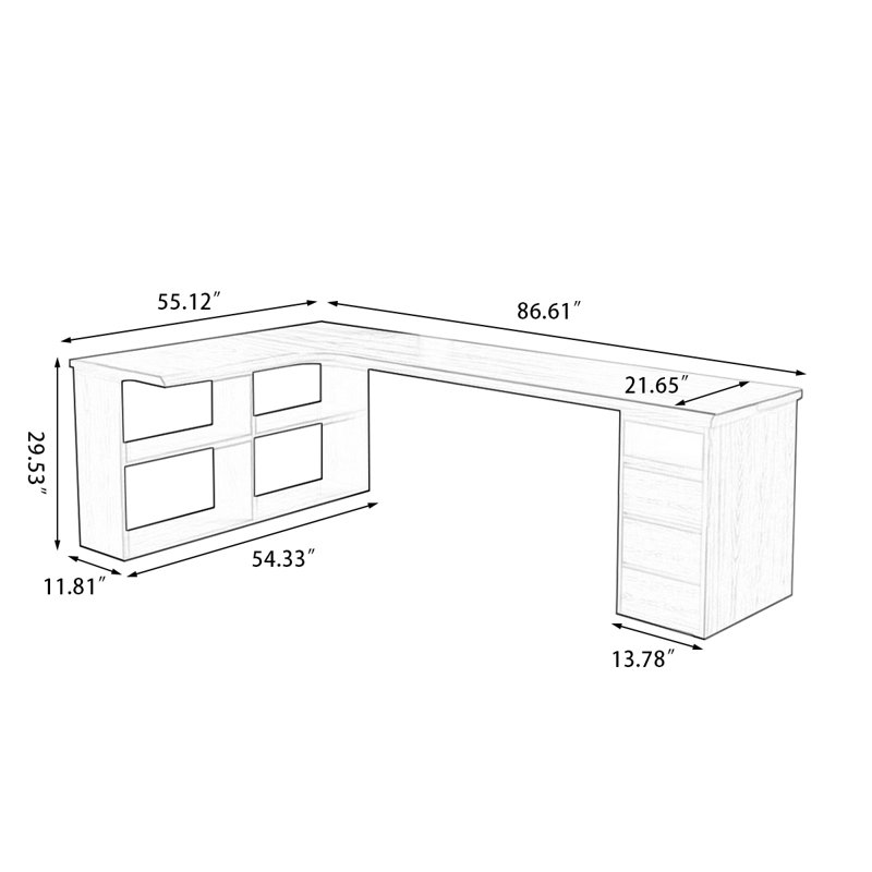 Bureau en bois massif en forme de L brun noyer avec 3 tiroirs, H 29,53 po x l 86,61 po x P 55,12 po, Retour à gauche