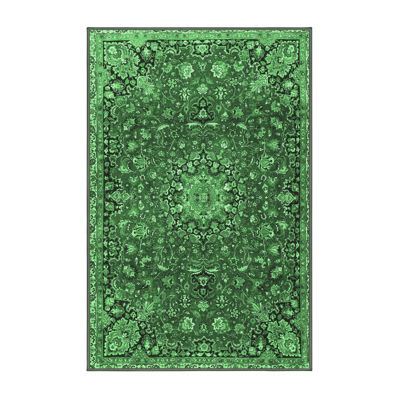Tapis oriental en laine / polyester tissé à la machine Alcena - vert émeraude / noir, Rectangle 4 pi x 6 pi