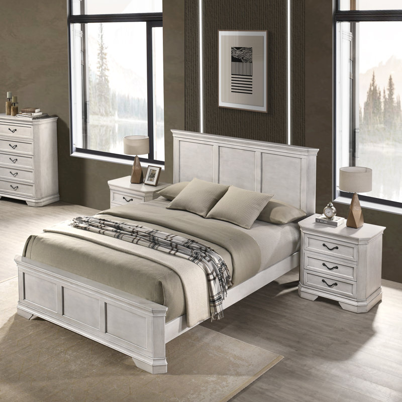 Ailany 6 Piece Bedroom Set, King, Antique White, 6 Pcs: Bed, 2 Nightstands, Dresser, Mirror, Chest