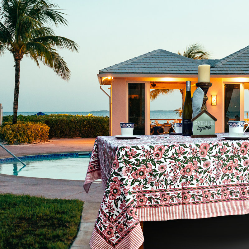 Tarri Block Print Floral Cotton Tablecloth, 60" x 90" Rectangle