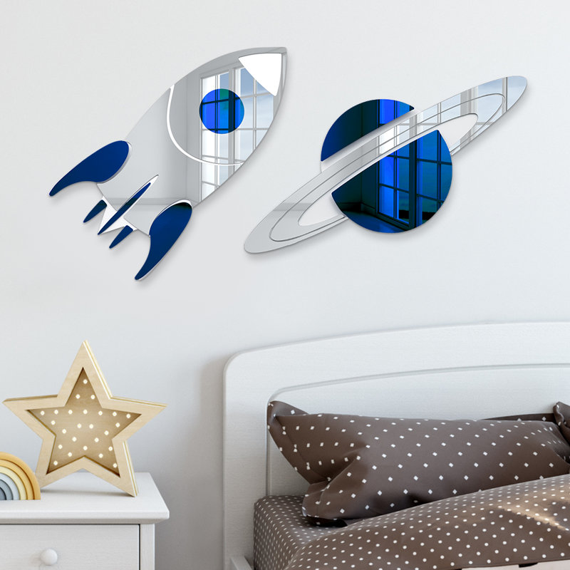 Rocket and Planet Saturn Space Mirror Wall Decor