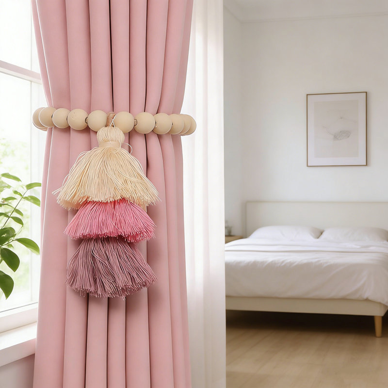Set Of 2 Curtain Tiebacks Wood Bead Fringed Curtain Magnetic Buckle Tie 16In Length Home Living Room Bedroom Curtain Decoration, A1