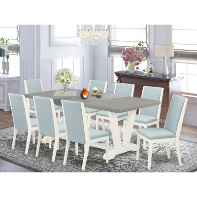 9-Pc Kitchen Table Set Contains a Cement Wooden Table and 8 Baby Blue Linen Fabric Upholstered Chairs with High Back - Wire Brushed Linen White
