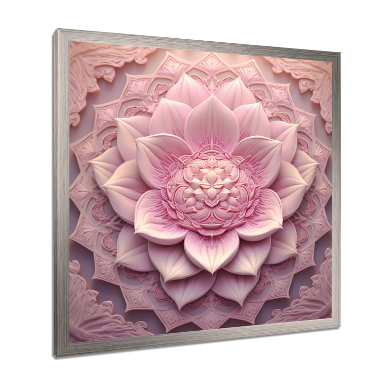 Mandala délicat de lotus rose I - Boho Mandala, Cadre simple argenté, H 24 po x l 24 po x P 1 po