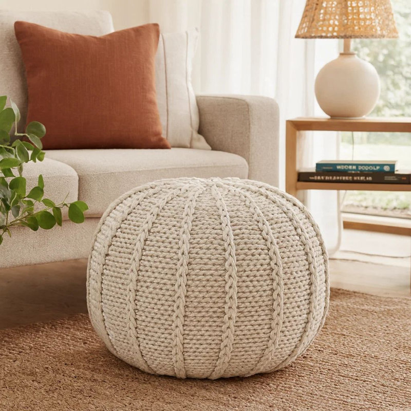 Repose-pieds rond tricoté, détails tissés à la main, coton beige 20 pouces