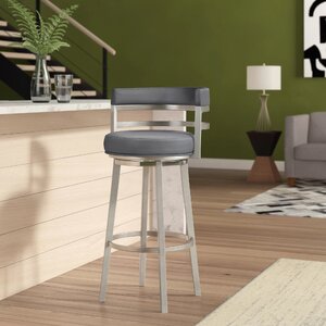 Deherrera Modern Swivel Counter or Bar Stool with Open Low Back and Footrest in Metal and Faux Leather