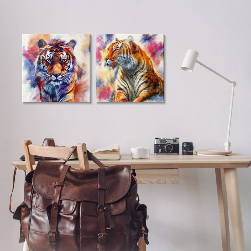 Ensemble de toiles 2 pièces In The Wild Fierce Tiger, design par Kim Allen, H 17 po x l 17 po