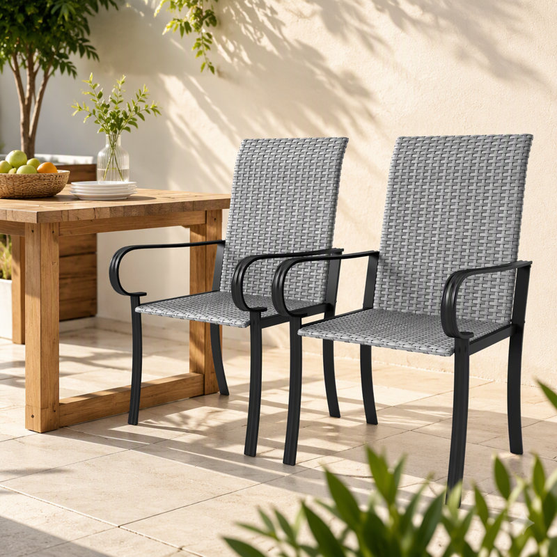 Ensemble de 2 chaises de salle à manger d'extérieur en osier, fauteuils en rotin toutes saisons avec accoudoirs, structure en acier, dossier haut et assise profonde, gris