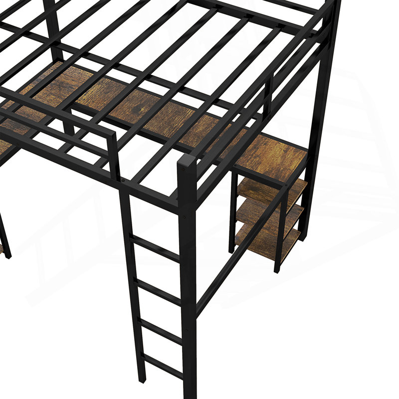 Metal Loft Bed with Desk and Shelves, Loft Bed Frame for Bedroom, Black/Brown, Full XL