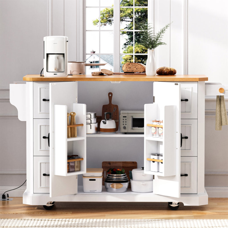 56 Inch Kitchen Island With Rubber Wood Veneer Drop Leaf, Power Outlet, 4 Door Shelves, Embossed Vertical Stripe Rolling Kitchen Cart On 4 Wheels With 6 Deep Drawers For Kitchen, Dining Room