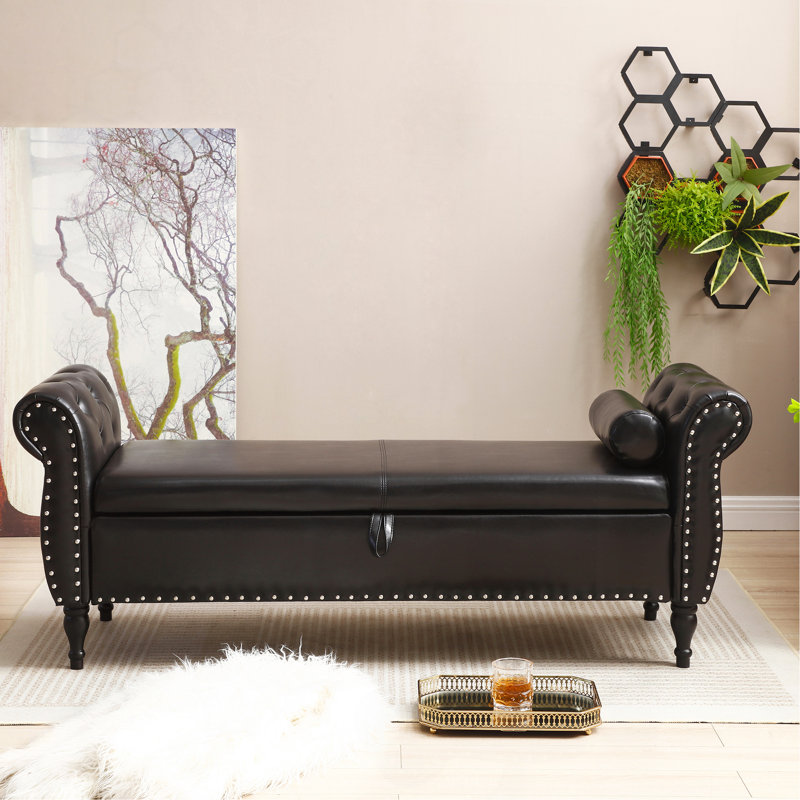 63" Multifunctional Storage Rectangular Sofa Stool Buttons Tufted Nailhead Trimmed Legs With 1 Pillow, Dark Brown