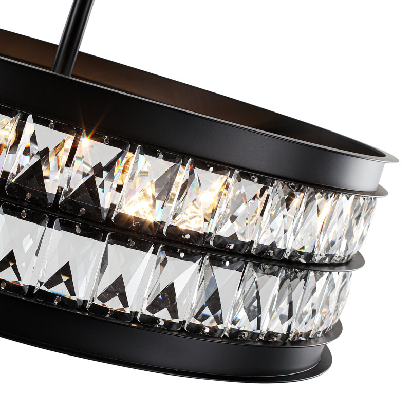Modern 6-Light 19.69 inch Dimmable Drum Crystal Chandelier Contemporary Round Ceiling Fixture with Black Metal Frame