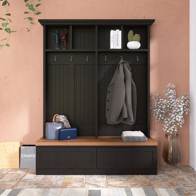 Farmhouse Hall Tree 55.9" Width X 75.6" Height With Shoe Bench And Coat Hooks