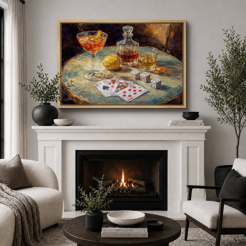 «Cocktail Still Life With Decanter Card And Dice», reproduction d'art sur toile encadrée, impression sur toile, Cadre naturel