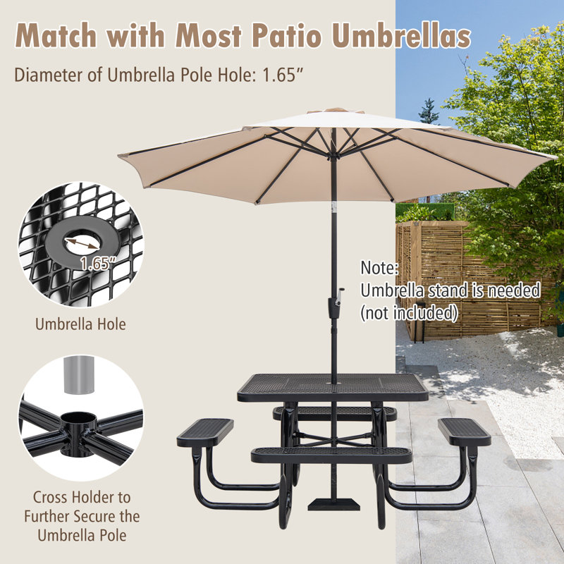 Metal Square Picnic Table Bench Set For 6