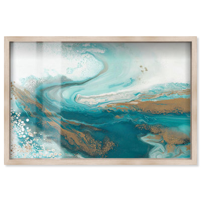 Turquoise, veine dorée I, Shadowbox, impression abstraite bleue par Art Remedy, cadre blond, 37 x 25