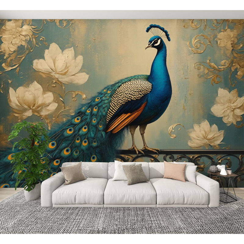 Papier peint auto-adhésif Peacock Flowers Feathers Floral Branch, L 144 po x l 100 po