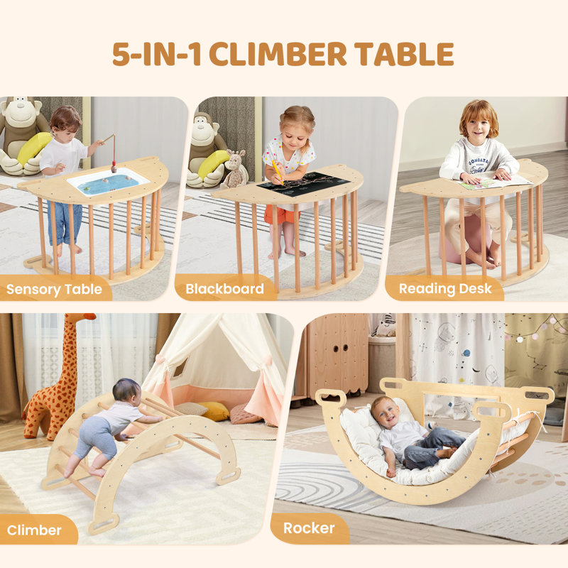 Structure d'escalade en bois pour enfants avec coussin de bassin en plastique